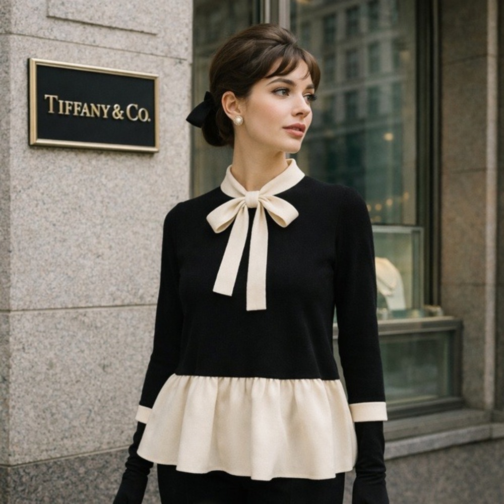 Kate Spade Black Cream Bow Peplum Wool Knit Top Coquette Preppy Balletcore S